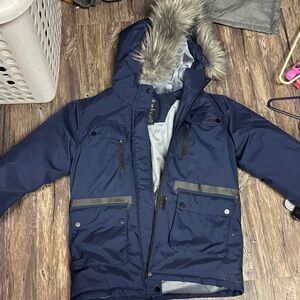 Kids Navy Hooded Puffer Jacket with Faux-Fur Trim